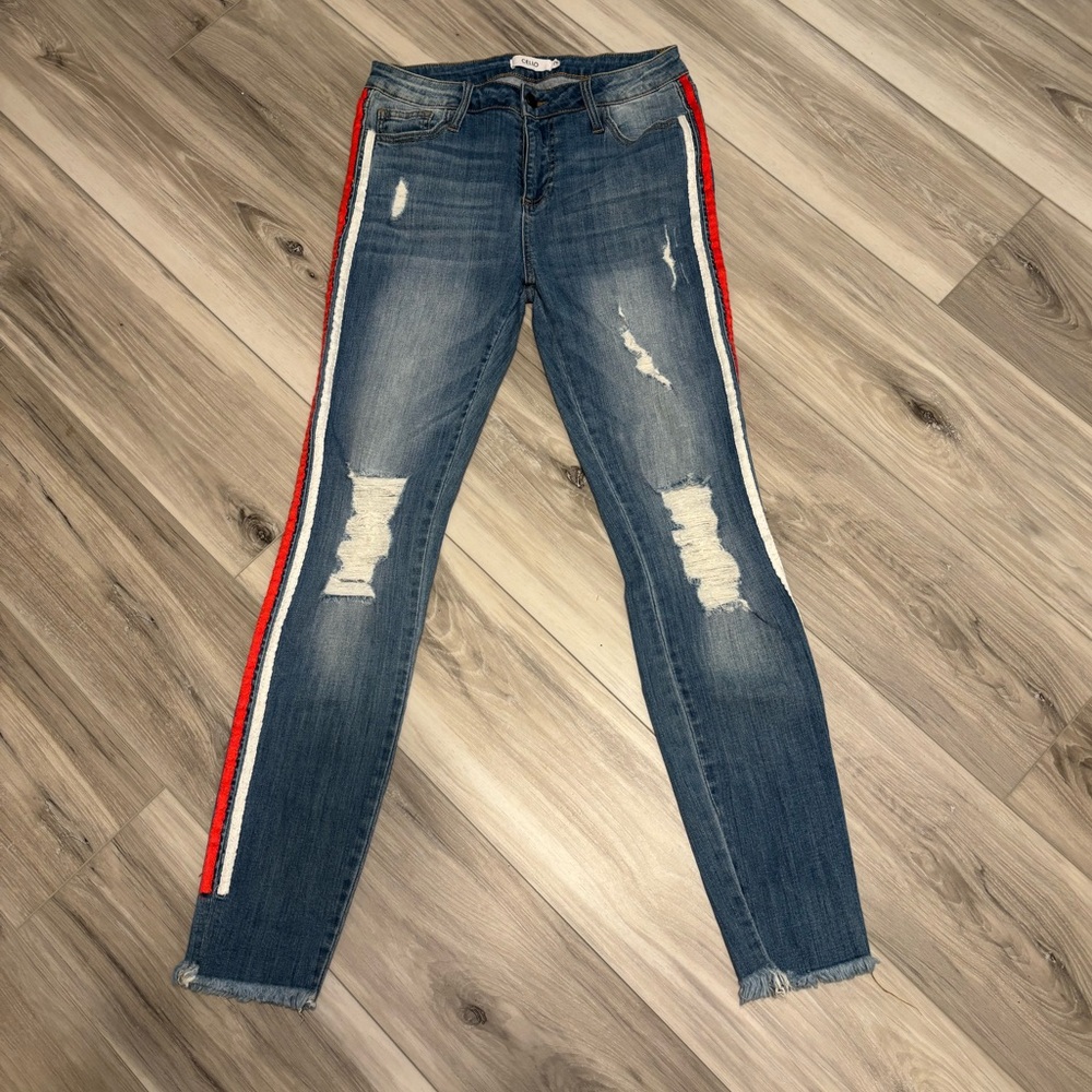 Gently used Women's skinny Jeans with Red and White Stripes